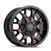 Mayhem Warrior 8015, 17X9, 6X135/6X139.7, ET18, CB106, Black W/Prism Red - 8015-7937BTR18