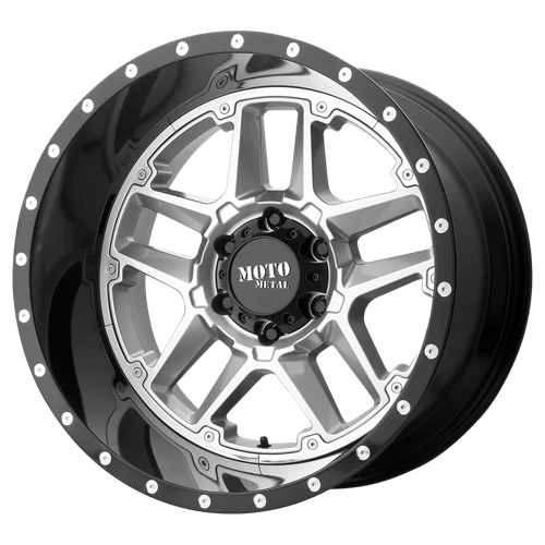 Moto Metal MO987 SENTRY, 20X12, 8X170, ET-44, CB125.1, GLOSS SILVER W/ GLOSS BLACK LP